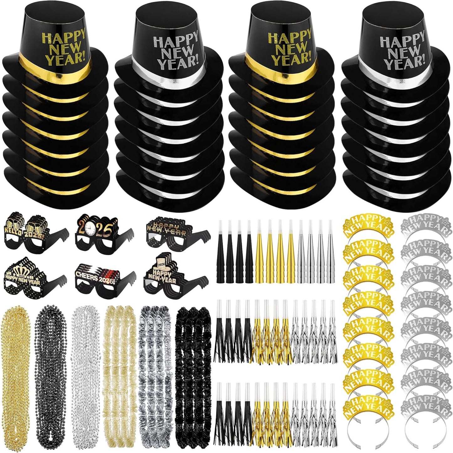 Fovths 264 Pieces 2026 New Years Eve Party Supplies Includes Glasses Top Hats Headband Noisemakers Horns Bead Necklaces Plastic Leis New Year Party Favors for Celebration Decoration Gift