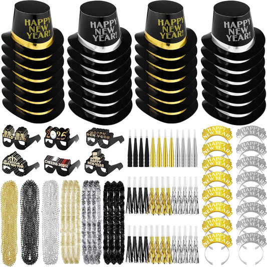 Fovths 264 Pieces 2026 New Years Eve Party Supplies Includes Glasses Top Hats Headband Noisemakers Horns Bead Necklaces Plastic Leis New Year Party Favors for Celebration Decoration Gift