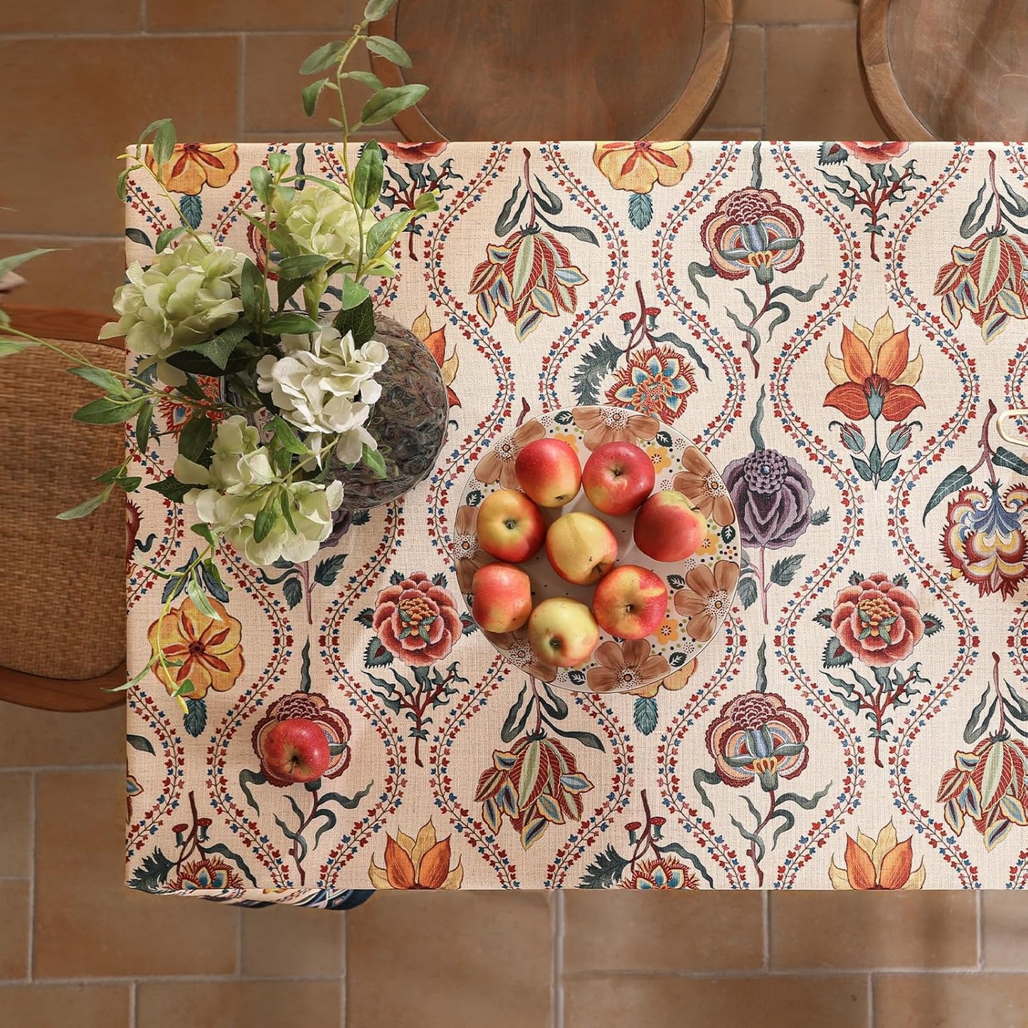 Vintage French Long Rectangular Tablecloth,Linen Tablecloth with Rose and Cornflower Pattern,Decorative Table Cover for Kitchen,Dining,Thanksgiving,Christmas,Tea Party,63"*94"-Lanae