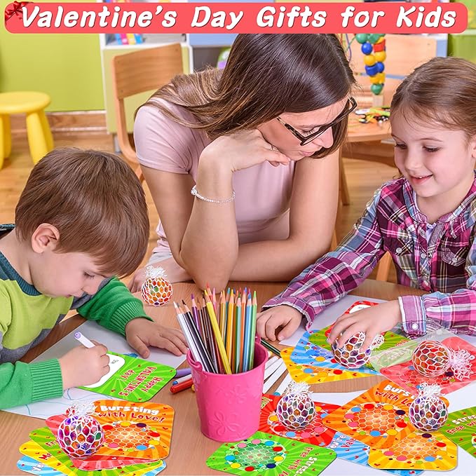 24 Pack Valentines Day Gifts for Kids Classroom Fidget Stress Balls with Valentines Cards Stress Relief Toys Squeeze Ball for Kids Boys Girls School Exchange Cards Gifts Valentines Party Favors Prizes