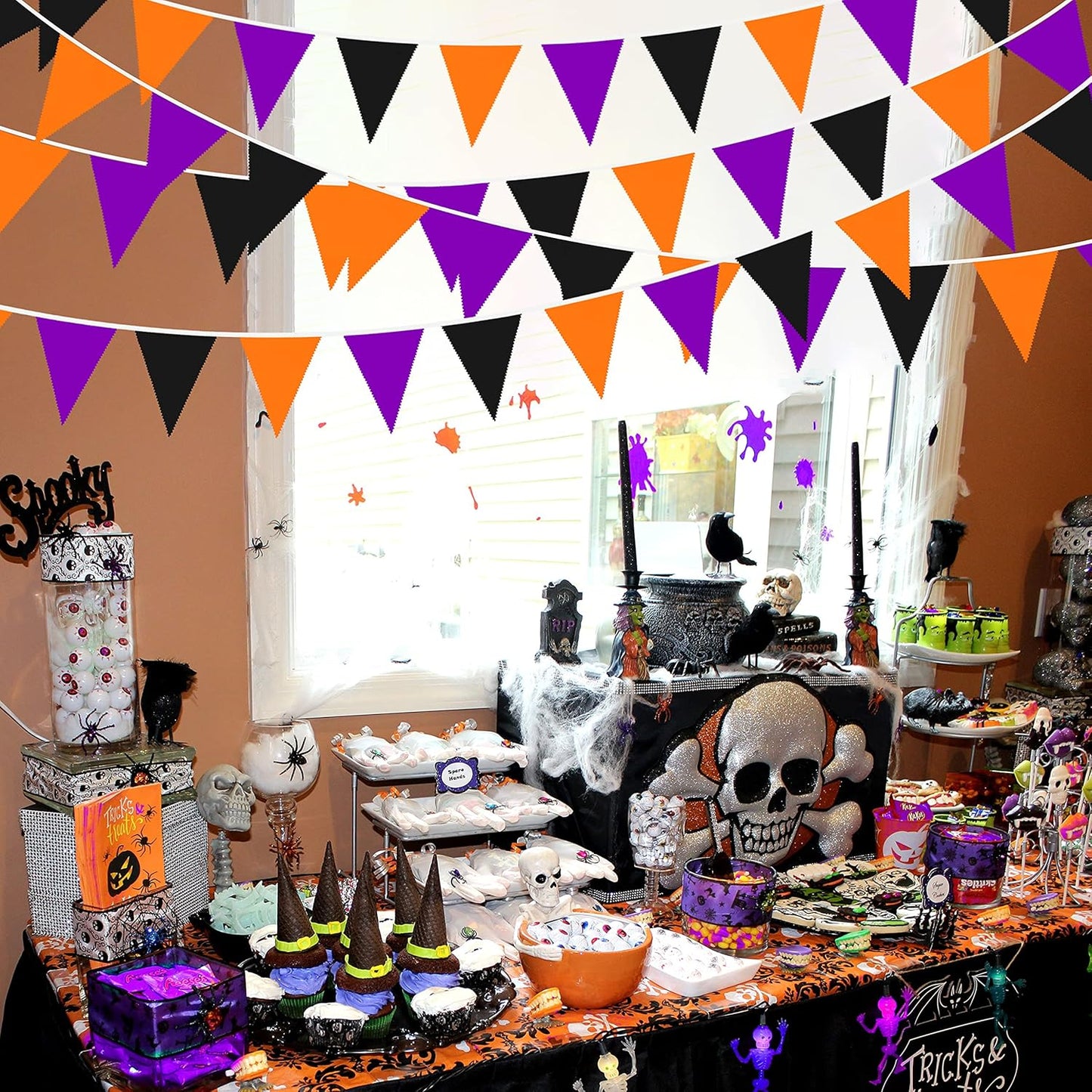 32Ft Orange Black Purple Halloween Pennant Banner Fabric Triangle Flag Bunting Garland for All Hallows Eve Wedding Birthday Home Nursery Outdoor Garden Hanging Festivals Decoration (36Pcs)