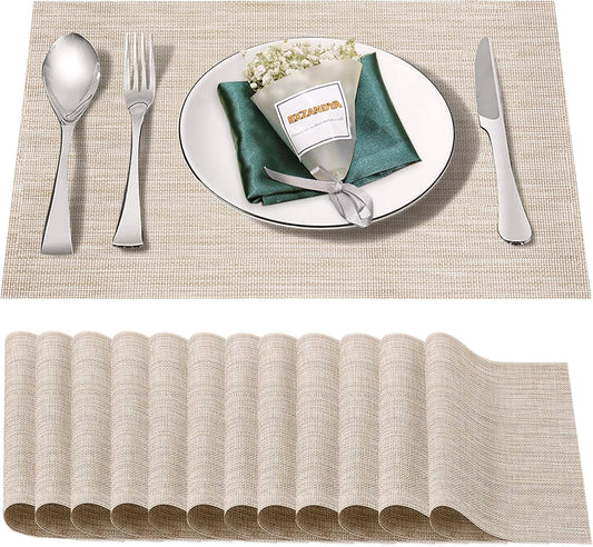 Placemats Set of 12,Washable,Heat and Stain Resistant Indoor/Outdoor Place mats,Vinyl Woven Non Slip Table Mats for Restaurant Table Protection,PVC Placemats(Gray,12PCS)