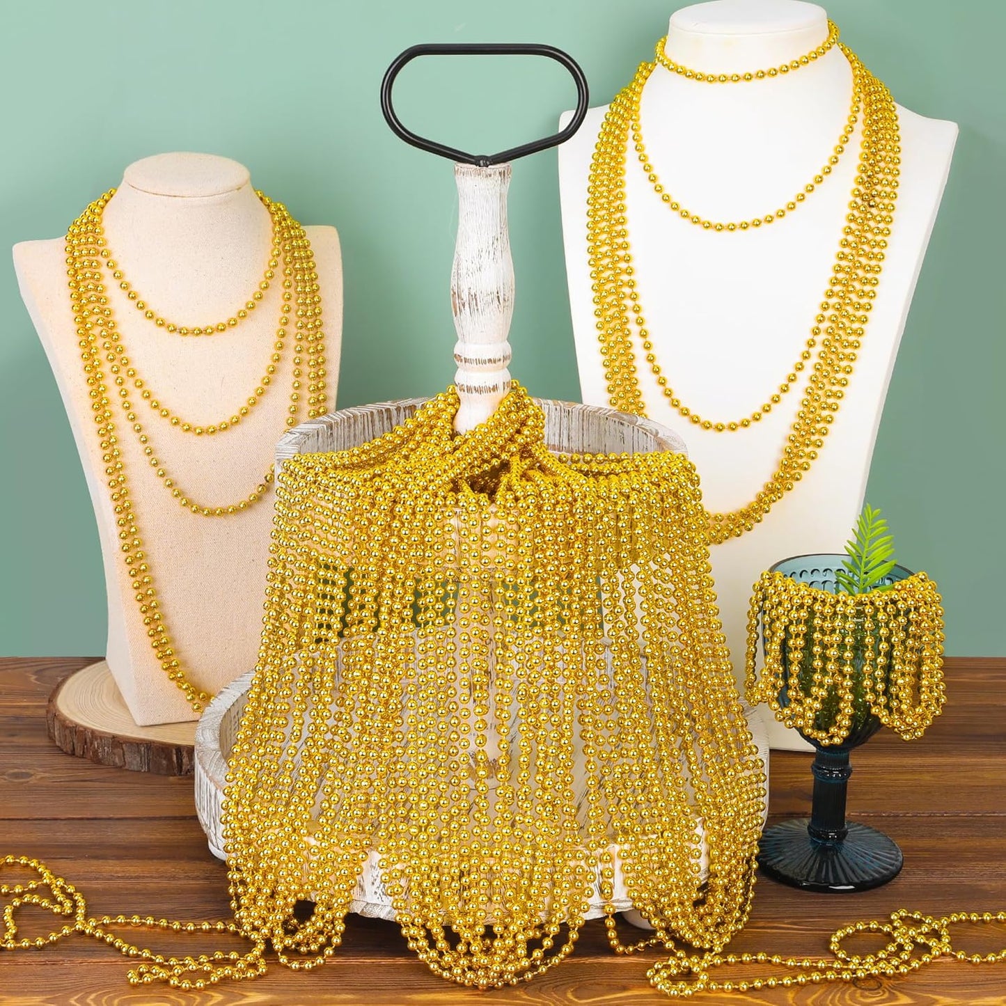 15PCS Mardi Gras Beads, Gold Bead Necklaces Accessories Stuff, 33" Mardi Gras St Patricks Day Necklace Costume, Festival Parade Throw Wedding Birthday Pirate Party School Activity Supplies Decor