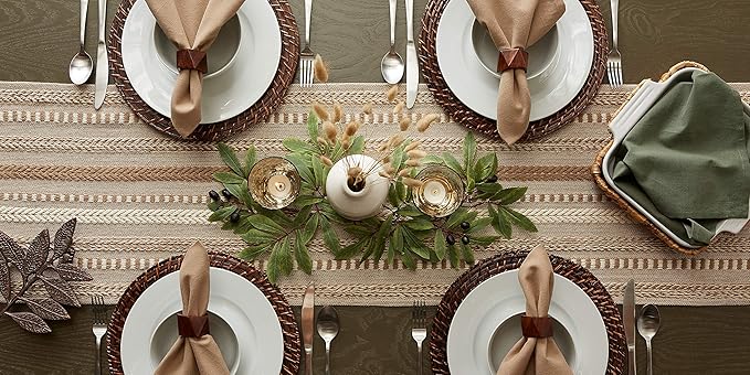 DII Farmhouse Braided Stripe Table Runner Collection, 15x108 (15x113, Fringe Included), Stone