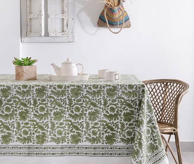 Labhanshi Indian Handblock Print Pre-Washed Cotton Floral Table Cloth|Reusable Rectangle 72x108 Inch 8-Seater Dining Tablecloth|Spring Easter St. Patrick Decorative Table Cover|Moss Green Bird