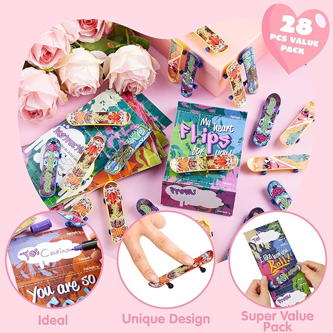 JOYIN 28 Pcs Valentines Day Finger Skateboards with Cards for Kids, Valentine Party Favor, Greeting Cards, Classroom Exchange Prizes, Holiday Reward Gifts, Finger Skateboard Toys