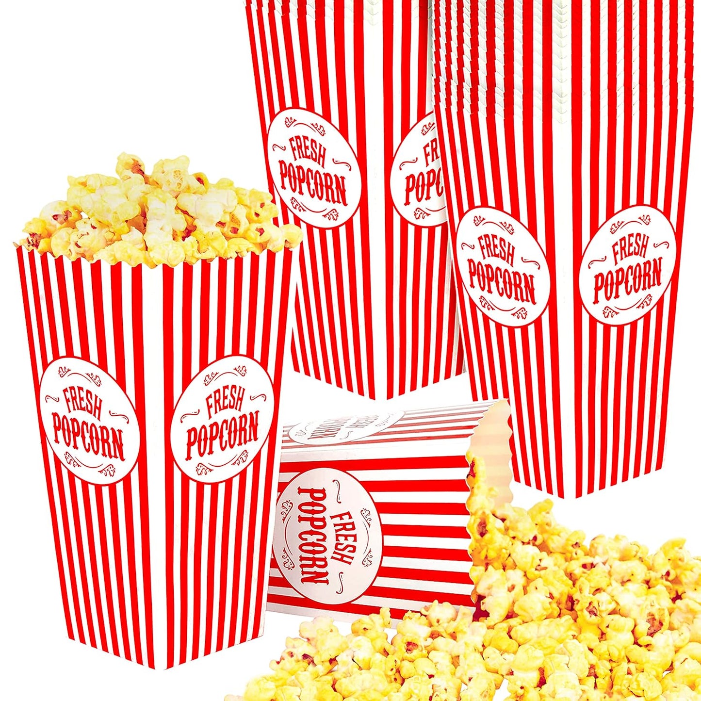 [25 Pack] Movie Theater Popcorn Boxes Disposable Red & White Striped - 46 oz Capacity - Vintage Snack Box Concession and Carnival Party Supplies, Individual Popcorn Bucket Containers
