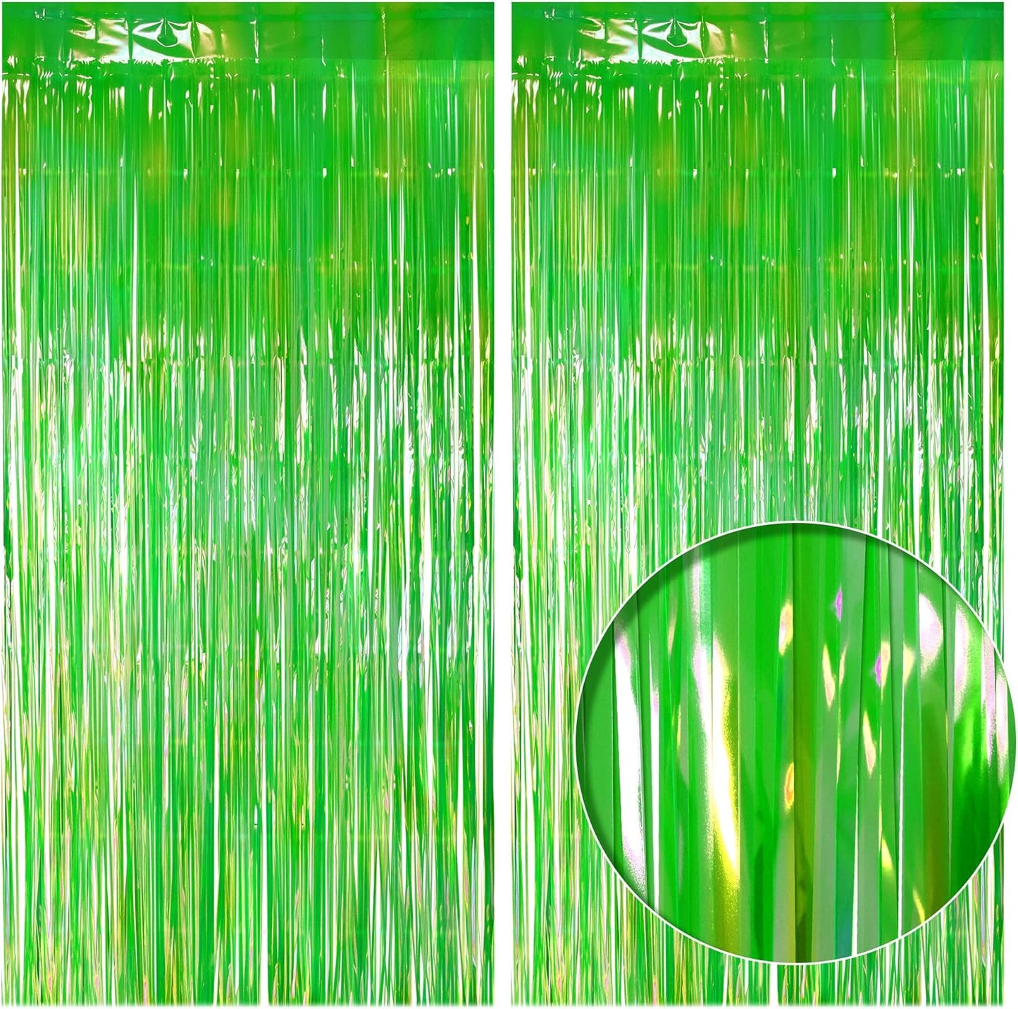 2 Pack Green Iridescent Streamers Backdrop, 3.3x6.6ft Foil Fringe Curtains Holographic Door Tinsel Streamers for Birthday, Wedding, Holiday, Bachelorette, Christmas Theme Party Decorations