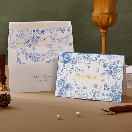 Crisky 100 Pack Blue Floral Thank you cards Gold Foil Greeting Notes Bulk with Envelopes & Stickers for Birthday, Baby Shower, Bridal Shower, Wedding, Graduation