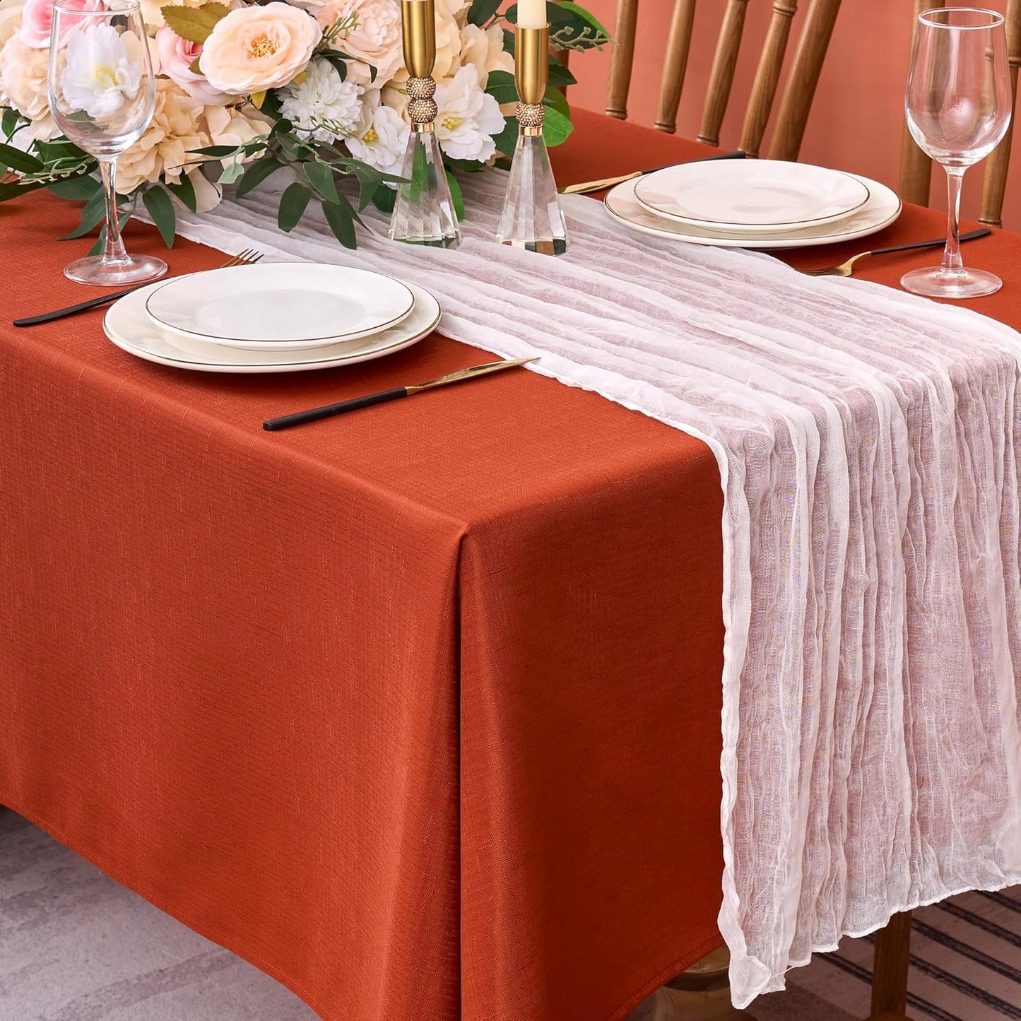 Fitable Faux Linen Rectangle Tablecloths 60 x 120 Inch - 2 Pack Rust Table Cloth for 6-8 Foot Tables, Faux Burlap Kitchen Table Cover for Thanksgiving Autumn Dining Party Farmhouse Banquet Buffet