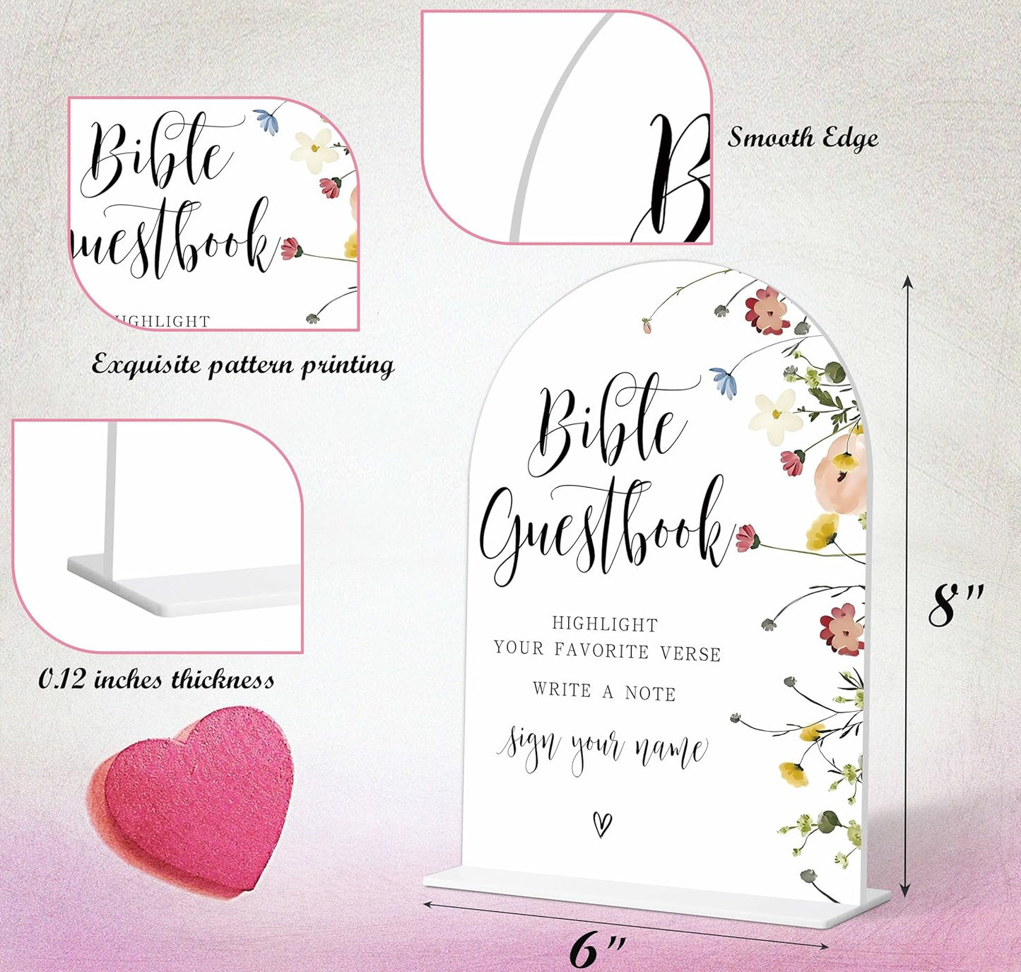 Wedding Bible Guest Book Sign, Flower Style Bridal Shower Signs for Engagement, Bridal Shower and Reception, Bridal Shower Decorations, Wedding Shower Favors, 6X8 Inch Acrylic Arch Sign with Stand,39