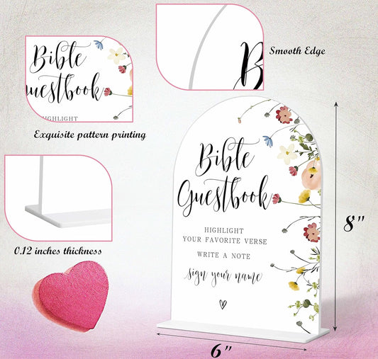 Wedding Bible Guest Book Sign, Flower Style Bridal Shower Signs for Engagement, Bridal Shower and Reception, Bridal Shower Decorations, Wedding Shower Favors, 6X8 Inch Acrylic Arch Sign with Stand,39