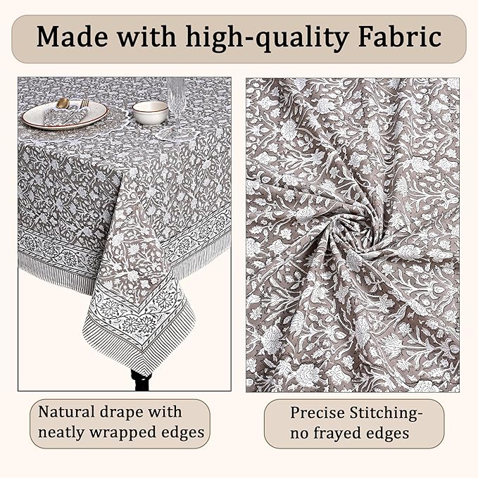 Ridhi Hand Block Print Taupe Rectangle Cotton Tablecloth 140" x 72" Reusable Table Cover Decorative Everyday Use for Dining, Farmhouse, Home Gift for Spring, Easter, Valentine