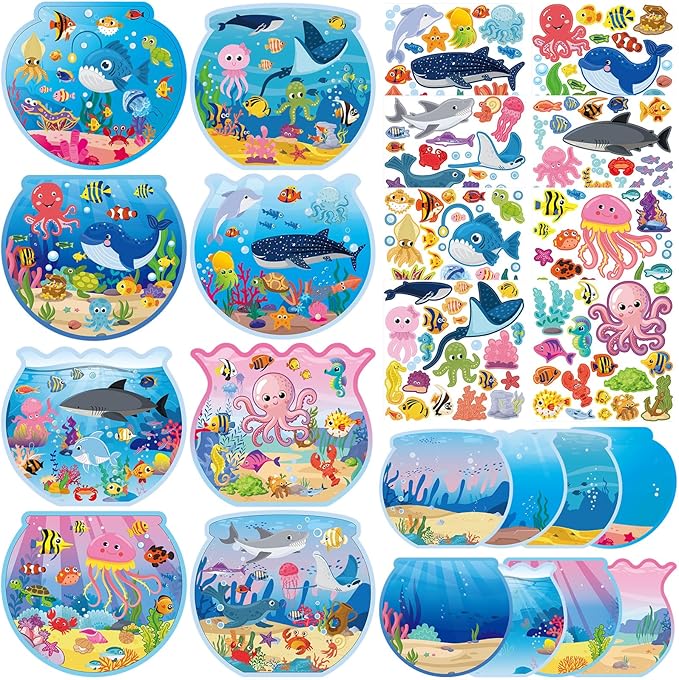 Frienda 48 Set Summer Craft Kit Fishbowl Under The Sea Sticker Crafts Bulk DIY Ocean Sea Animals Scene Stickers Shark Clown Fish Dolphin Decals for Summer Party Favors Home Classroom Game Activities
