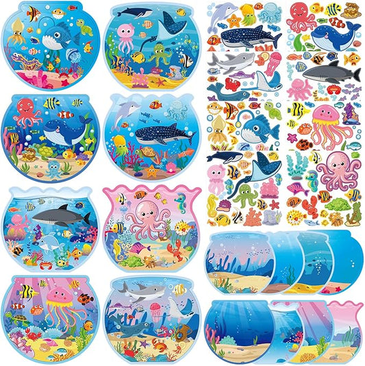 Frienda 48 Set Summer Craft Kit Fishbowl Under The Sea Sticker Crafts Bulk DIY Ocean Sea Animals Scene Stickers Shark Clown Fish Dolphin Decals for Summer Party Favors Home Classroom Game Activities