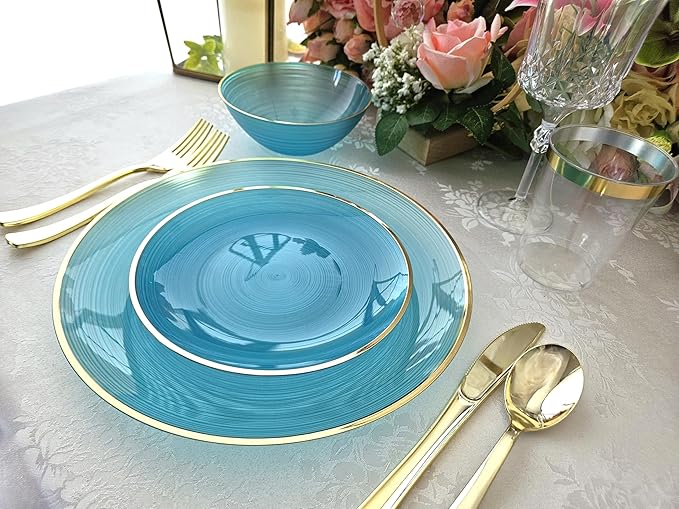 OCCASIONS 240-Pc Disposable Plastic Dinnerware Set (120 Guests) for Wedding Party - 10'' Dinner & 7'' Salad Dessert Plates (120 Each), Premium Heavyweight (Belize, Aqua & Gold)