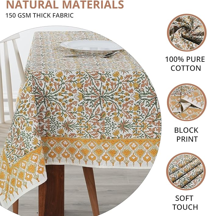 Ridhi - Goldenrod Yellow Hand Block Print Cotton Cloth Dinning Table Cover Wedding Farmhouse Thanks Giving Christmas Spring Tablecloth 4 Seater 60x60 Inches