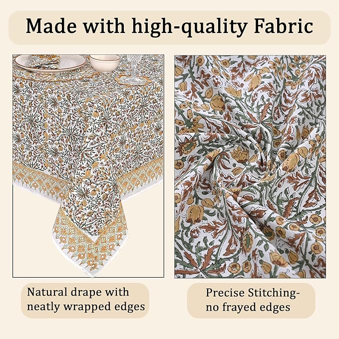 Ridhi Hand Block Print Goldenrod Yellow Rectangle Cotton Tablecloth 102" x 48" Reusable Table Cover Decorative Everyday Use for Dining, Farmhouse, Home Gift for Spring, Easter, Valentine