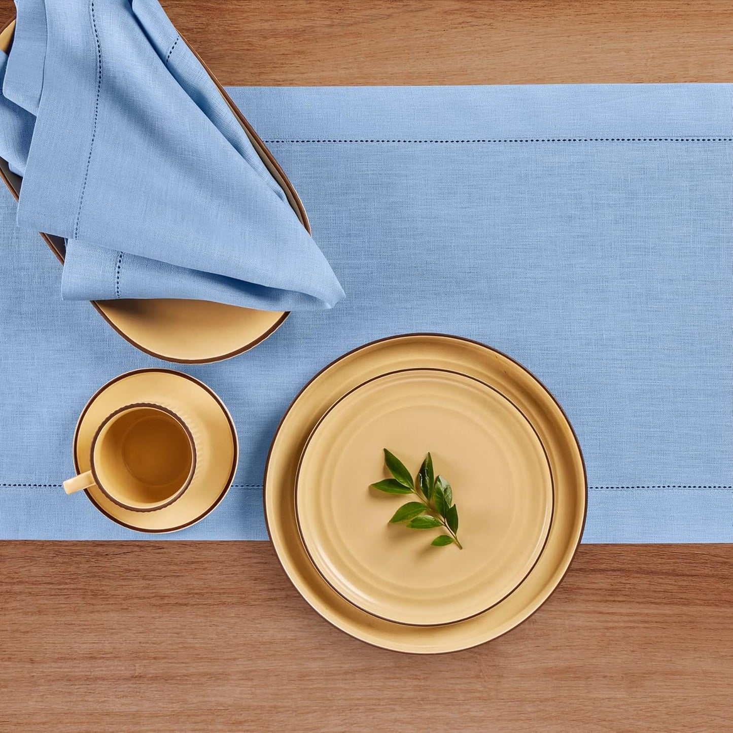 Solino Home Linen Cornflower Blue Table Runner 120 Inches Long - 100% Pure Linen Hemstitch 14 x 120 Inch Table Runner for Dining, Christmas, Holiday - Classic Hemstitch