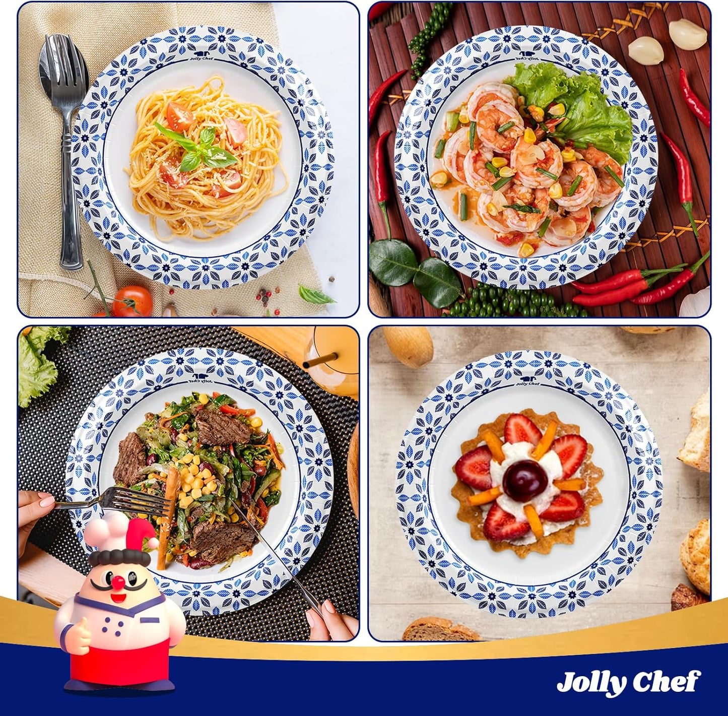 JOLLY CHEF 10 inch Disposable Paper Plates 500 Count, Soak Proof, Cut Proof, Heavy Duty Paper Plates for Everyday Use