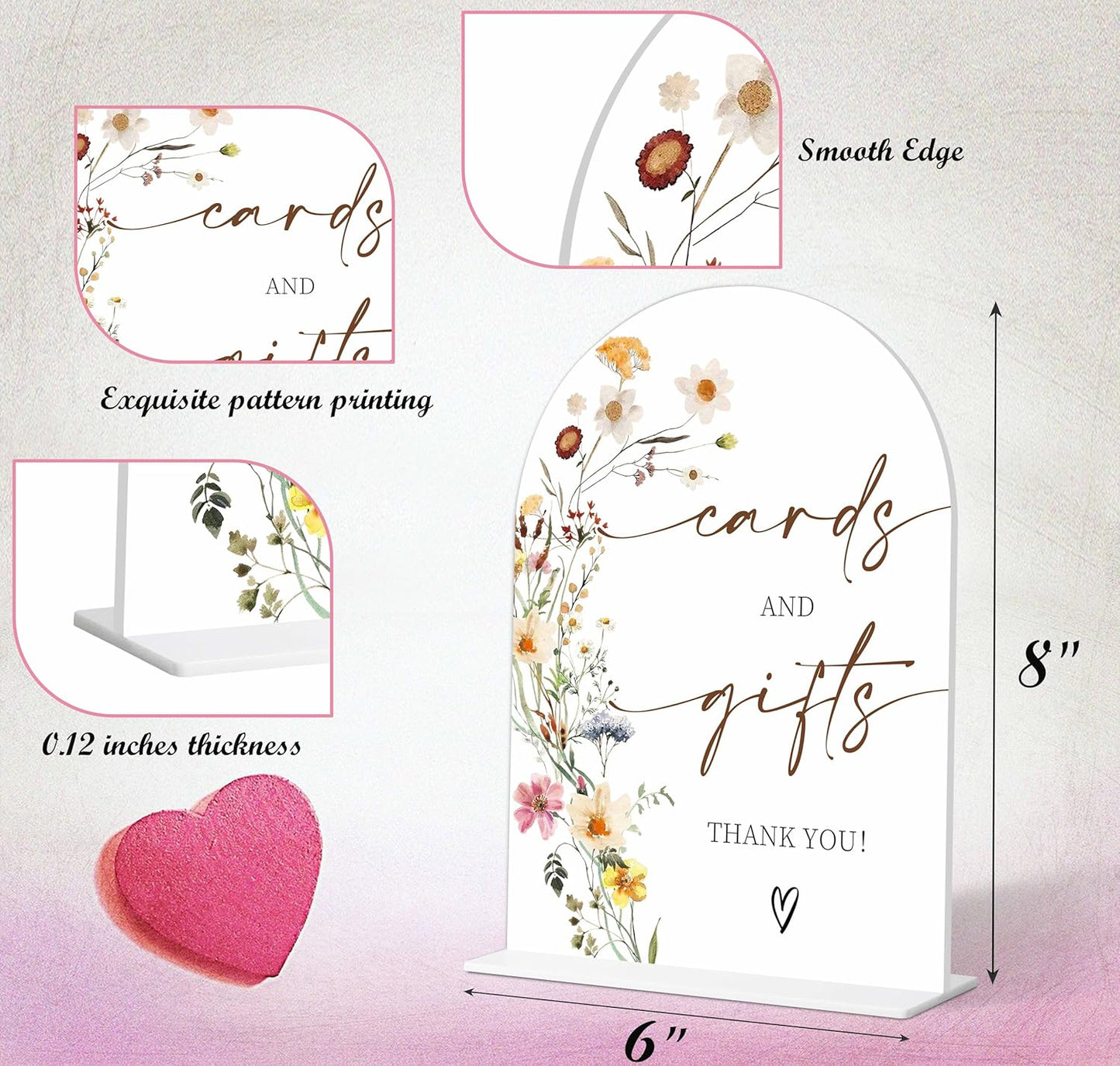 Cards and Gifts Sign, Flower Style Gift Table Sign for Wedding Reception, Bridal Shower and Engagement, Centerpiece Party Decorations, Wedding Shower Favors, 6X8 Inch Acrylic Arch Sign with Stand,14