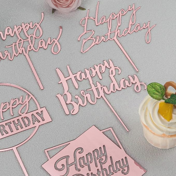6-Pack Acrylic Birthday Cake Toppers, Minimalist Pink Happy Birthday Sign for Cake Decorations
