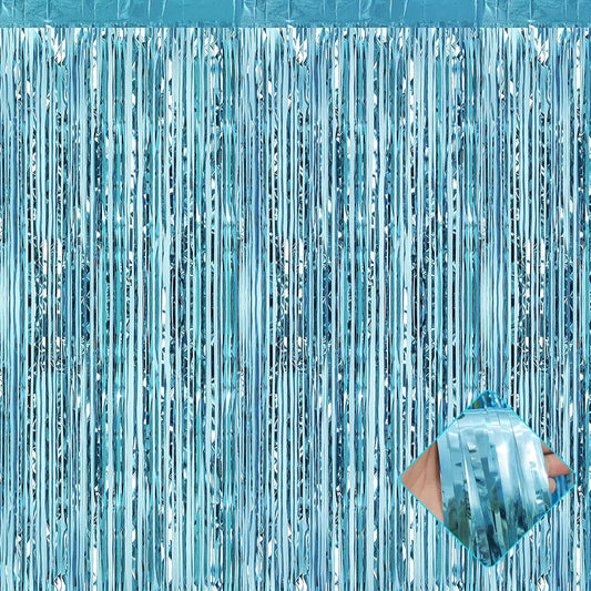 4 Pack 3.3Ft x 6.6Ft Light Blue Foil Fringe Curtain Backdrop, Metallic Tinsel Foil Fringe Streamers Curtains Background for Photo Booth, Birthday, Wedding, Halloween, Christmas Party Decoration