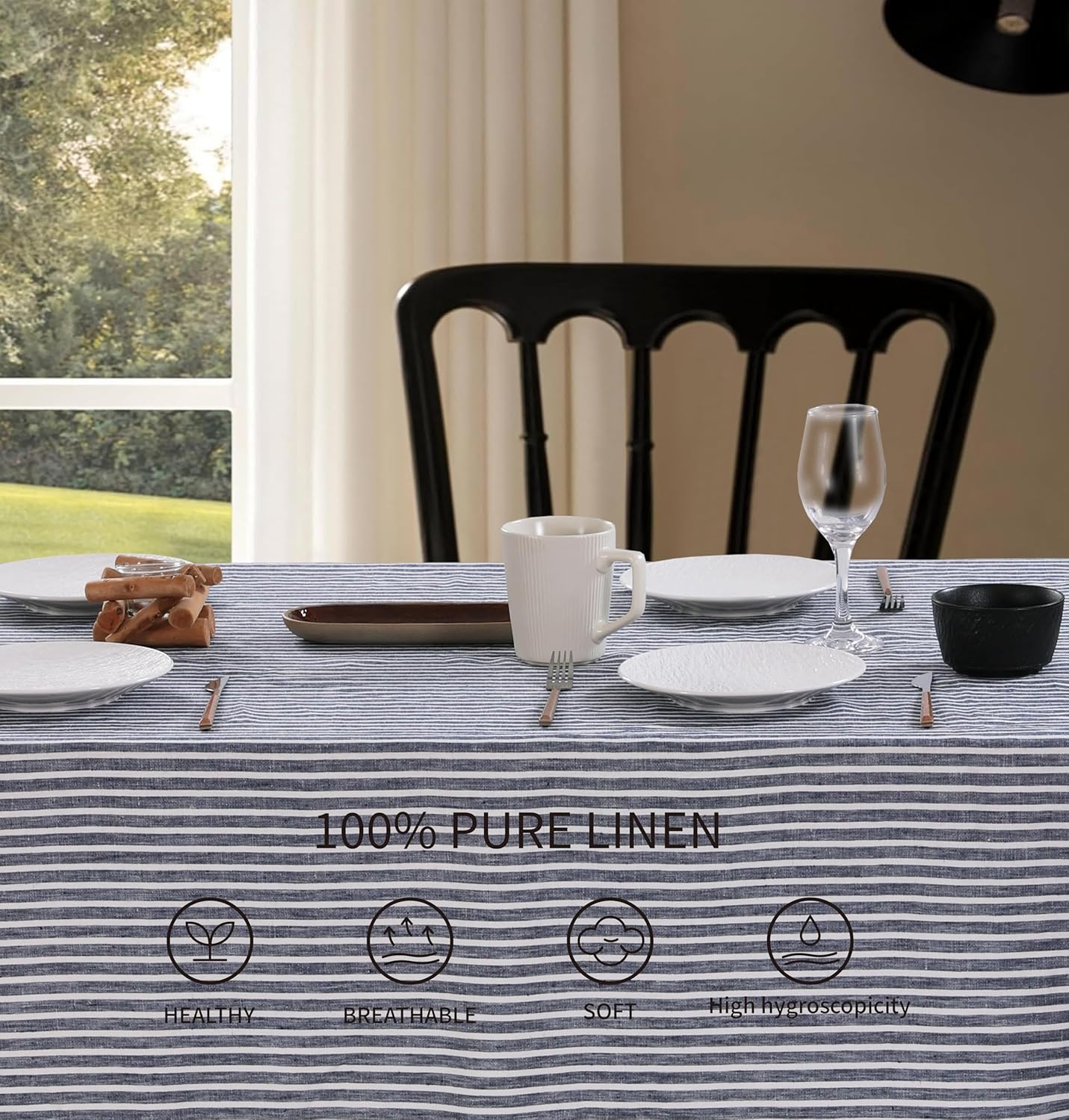100% French Flax Linen Tablecloths Scalloped Embroidery Rectangle 108Lx60W Inch for Dinners, Parties, Spring, Machine Washable, 8-10 Sets, Blue Stripe(Edges-Blue)
