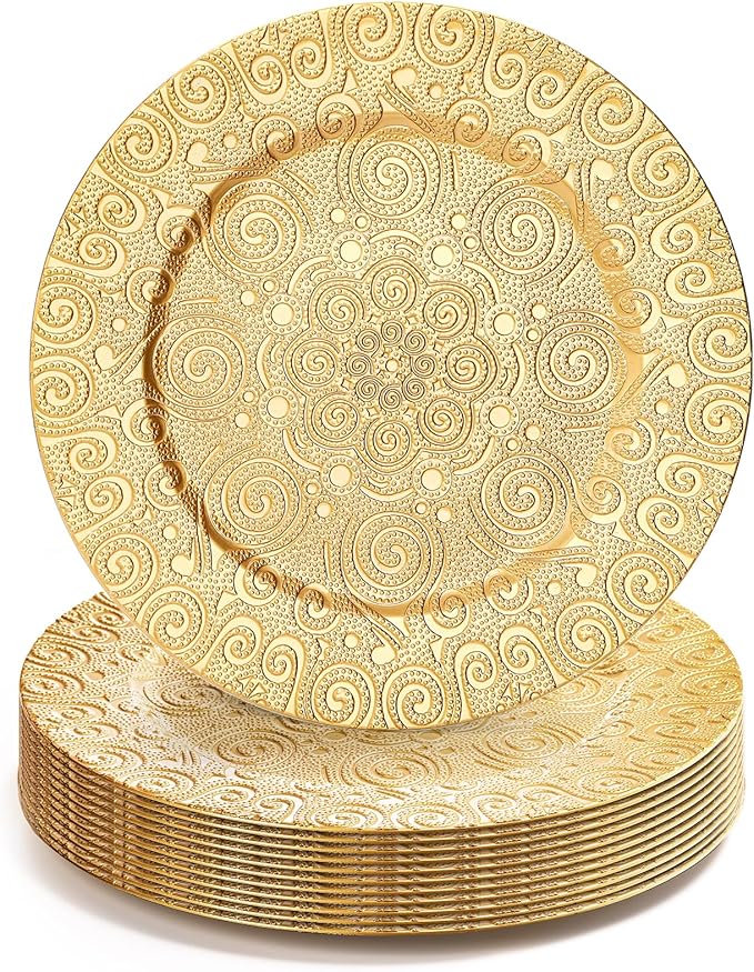 SOUJOY 12 Pack Gold Charger Plates, 13 Inch Plastic Dinner Plate, Reusable Round Phoenix Pattern Elegant Serve Ware Plates for Weddings, Parties, Anniversary, Thanksgiving