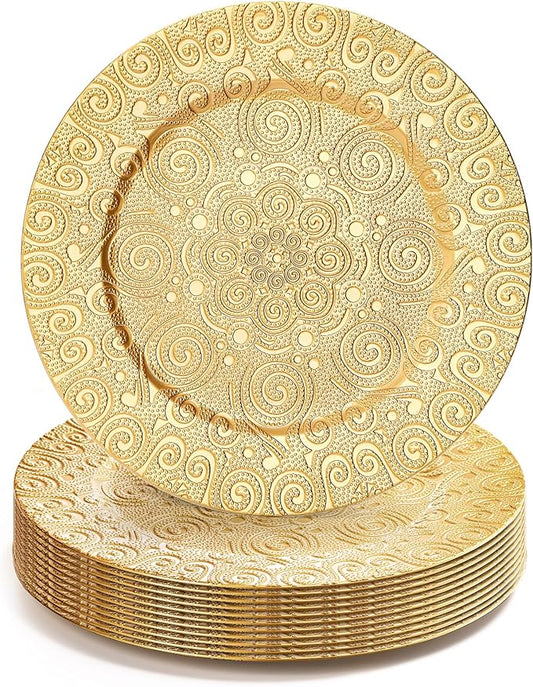 SOUJOY 12 Pack Gold Charger Plates, 13 Inch Plastic Dinner Plate, Reusable Round Phoenix Pattern Elegant Serve Ware Plates for Weddings, Parties, Anniversary, Thanksgiving
