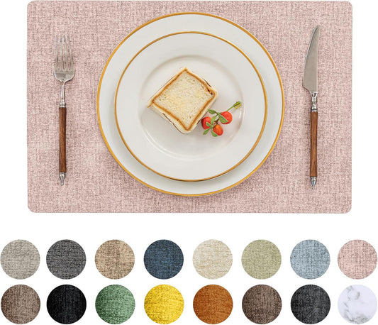 Romanstile Vinyl Placemats Set of 6-12 X 18 Inch - Heat Resistant Place Mats 100% Waterproof Oilproof Wipeable Reversible Faux Leather Table Mats for Kitchen/Dining/Party/Outdoor, Pink