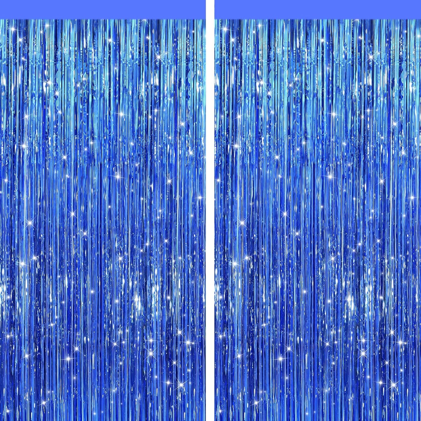 2 Pack Blue Metallic Tinsel Foil Fringe Curtains, Door Streamers Photo Booth Backdrop for Birthday Party, Tinsel Curtain Backdrop for Baby Shower Bachelorette Christmas Party Decorations