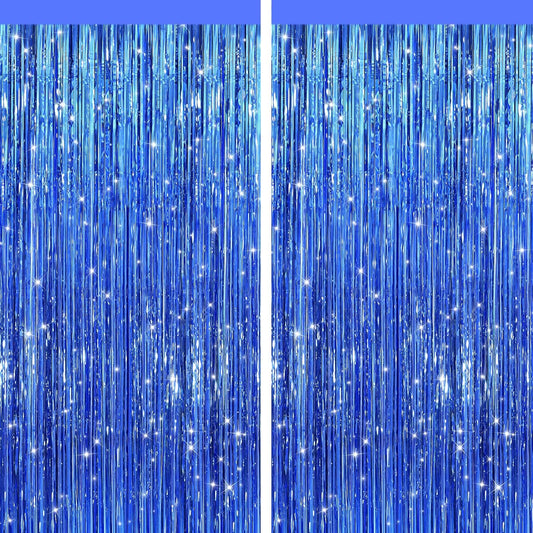 2 Pack Blue Metallic Tinsel Foil Fringe Curtains, Door Streamers Photo Booth Backdrop for Birthday Party, Tinsel Curtain Backdrop for Baby Shower Bachelorette Christmas Party Decorations