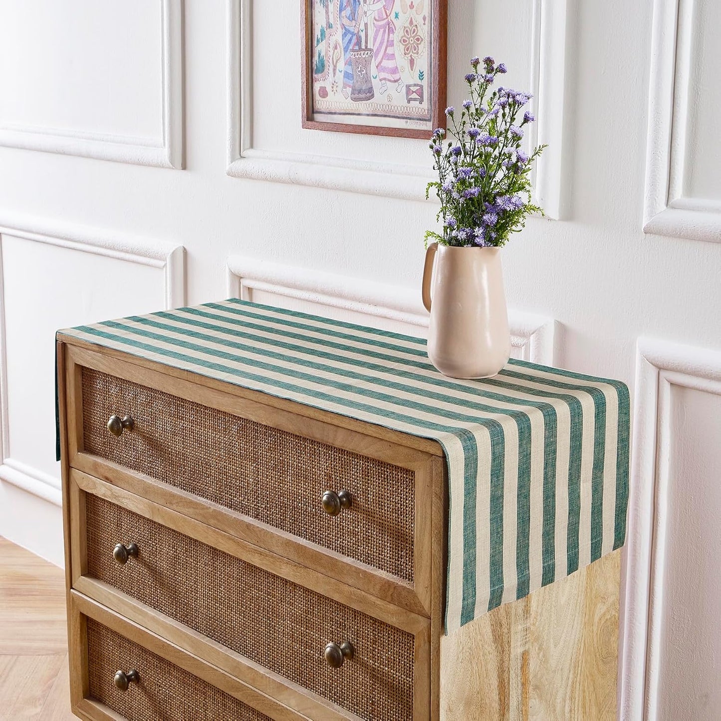 Solino Home Linen Table Runner 48 Inches - Sorrento Stripe, 100% Pure Linen Hunter Green and Natural Small Table Runner 14 x 48 Inch Ideal for Dresser and Coffee Tables - Thanksgiving, Christmas