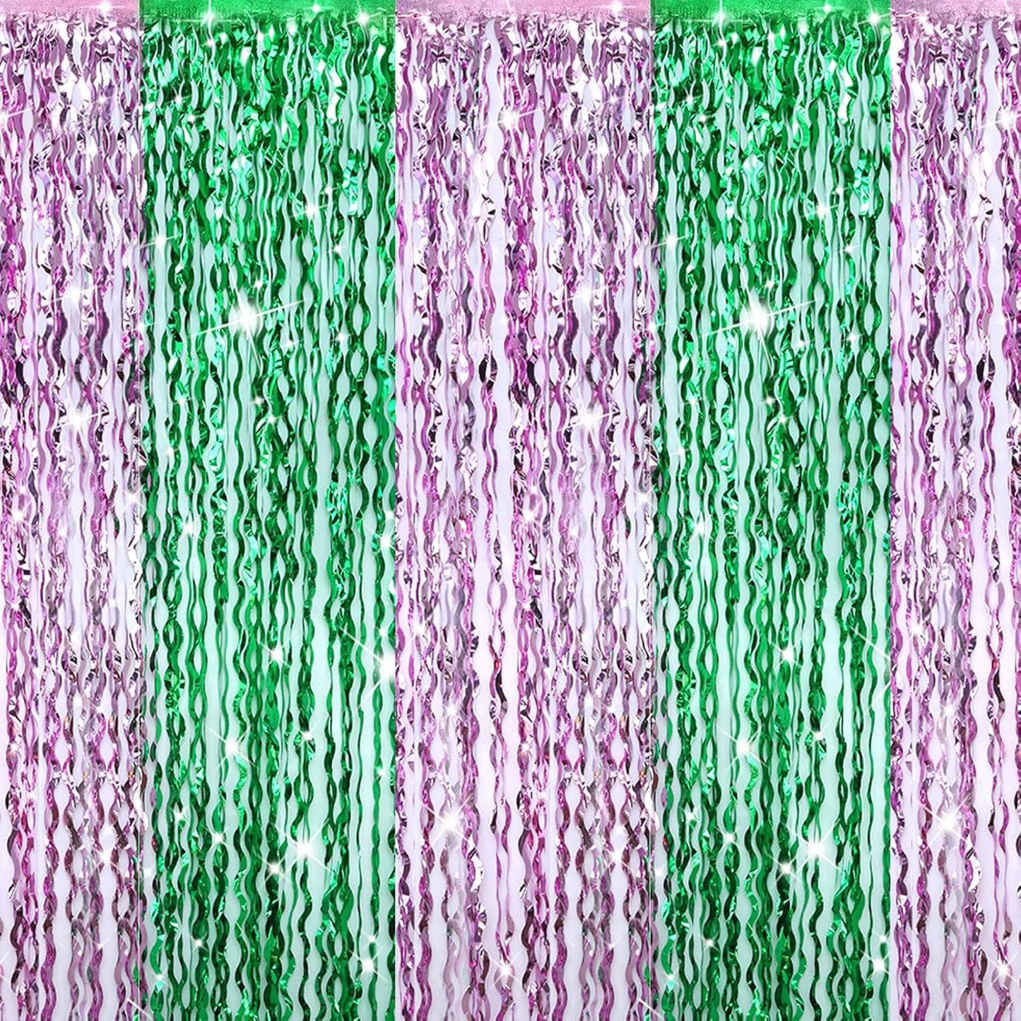 4 Pcs Green Pink Splicing Tinsel Backdrop, Tinsel Foil Fringe Curtains Wavy Backdrop for Parties,Shiny Streamers Party Decorations,Photo Booth Foil Curtain for Birthday Party Decorations,3.2ft × 6.6ft