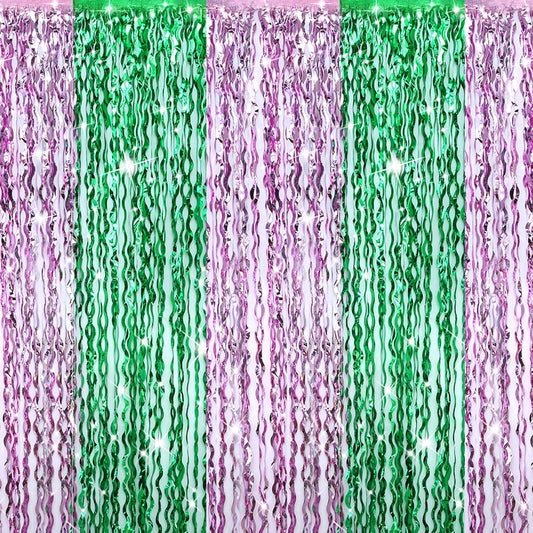 4 Pcs Green Pink Splicing Tinsel Backdrop, Tinsel Foil Fringe Curtains Wavy Backdrop for Parties,Shiny Streamers Party Decorations,Photo Booth Foil Curtain for Birthday Party Decorations,3.2ft × 6.6ft