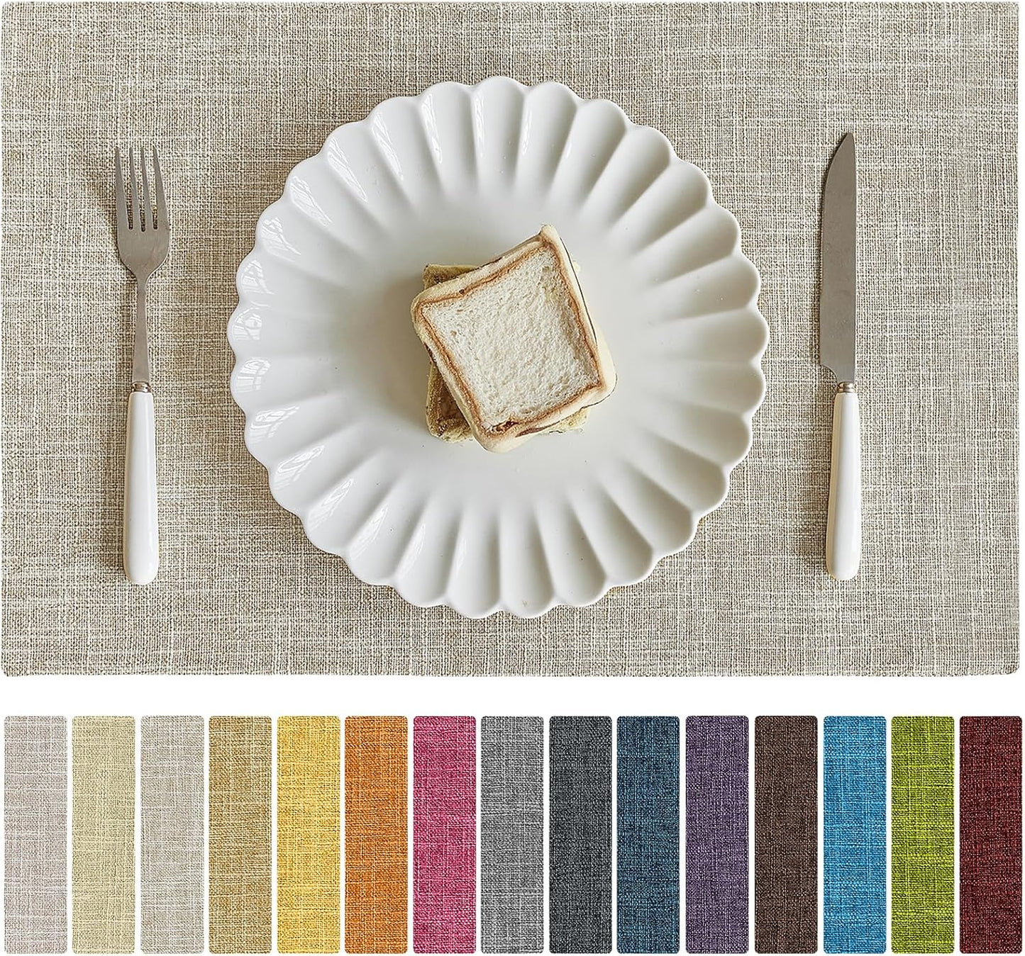 Softalker Faux Linen Placemats Set of 6-12 x 18 Inch, Heat Resistant Double Layered Durable Burlap Farmhouse Place Mats, Non-Slip Washable Rustic Table Mats for Dining, Kitchen, Party（Beige