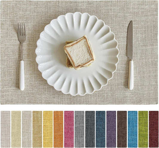 Softalker Faux Linen Placemats Set of 6-12 x 18 Inch, Heat Resistant Double Layered Durable Burlap Farmhouse Place Mats, Non-Slip Washable Rustic Table Mats for Dining, Kitchen, Party（Beige