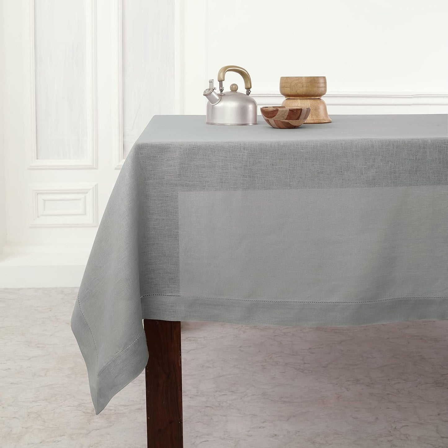 Solino Home Soft Grey Linen Tablecloth 52 x 52 Inch - 100% Pure Linen Square Table Throw - Classic Hemstitch, Machine Washable Table Cloth for Fall, Autumn, Thanksgiving, Christmas
