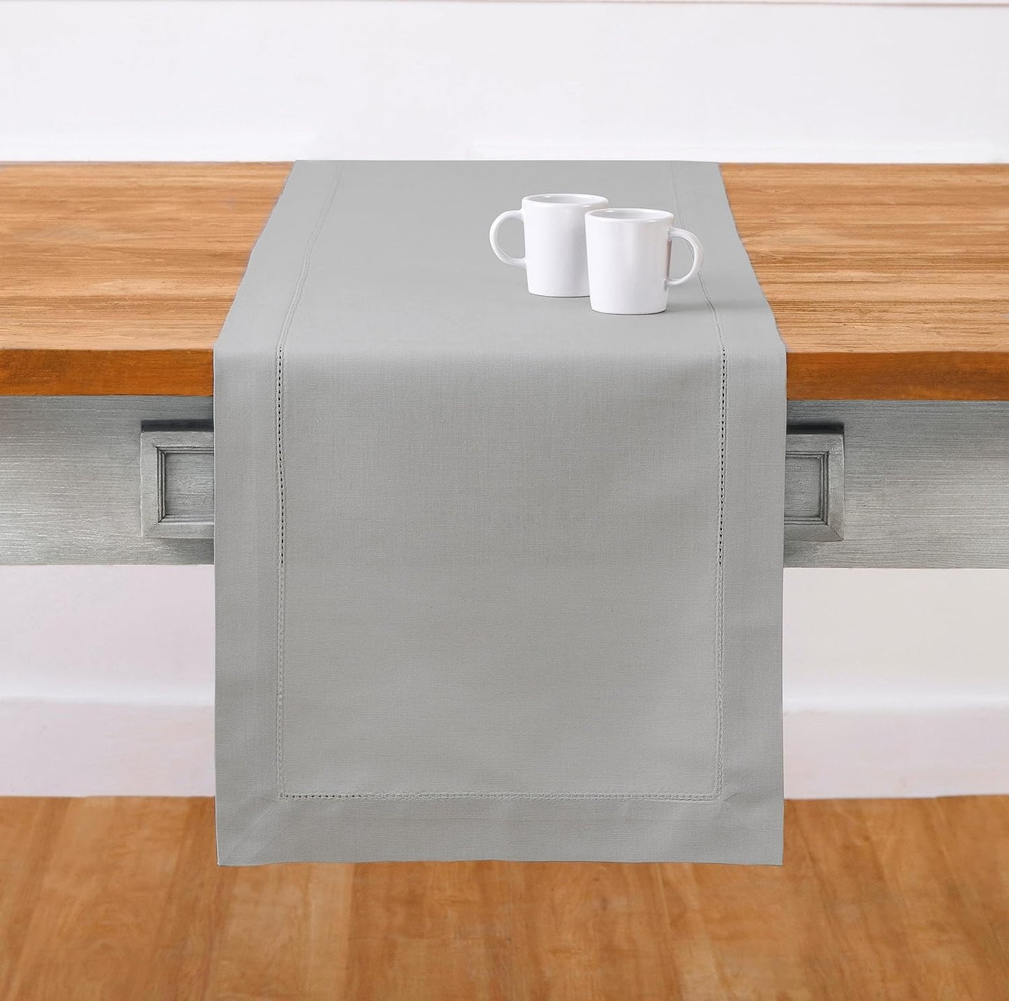 Solino Home Cotton Linen Light Grey Table Runner 72 Inches Long - Hemstitch Table Runner 14 x 72 Inch for Dresser, Dining, Fall, Autumn, Halloween, Thanksgiving, Christmas, Holiday
