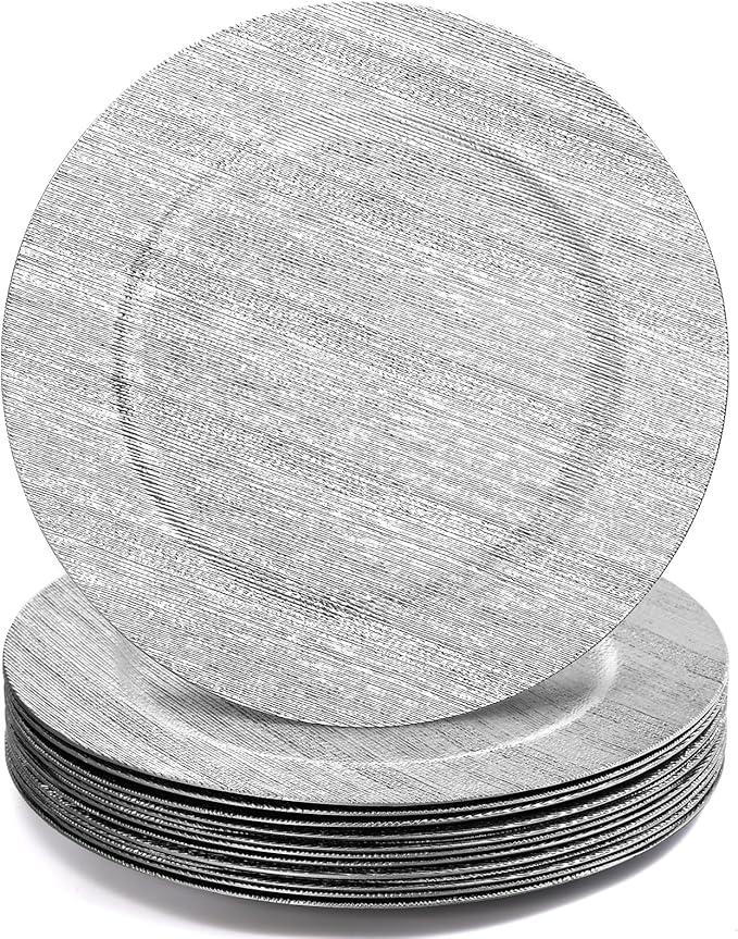 Jucoan 12 Pack Silver Charger Plates, 13 Inch Round Plastic Charger Plates, Decorative Silver Strip Plate Chargers for Dinner Plate, Wedding Thanksgiving Christmas Party Table Decor, Shiny Texture