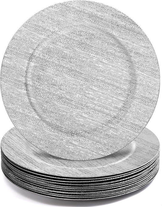 Jucoan 12 Pack Silver Charger Plates, 13 Inch Round Plastic Charger Plates, Decorative Silver Strip Plate Chargers for Dinner Plate, Wedding Thanksgiving Christmas Party Table Decor, Shiny Texture
