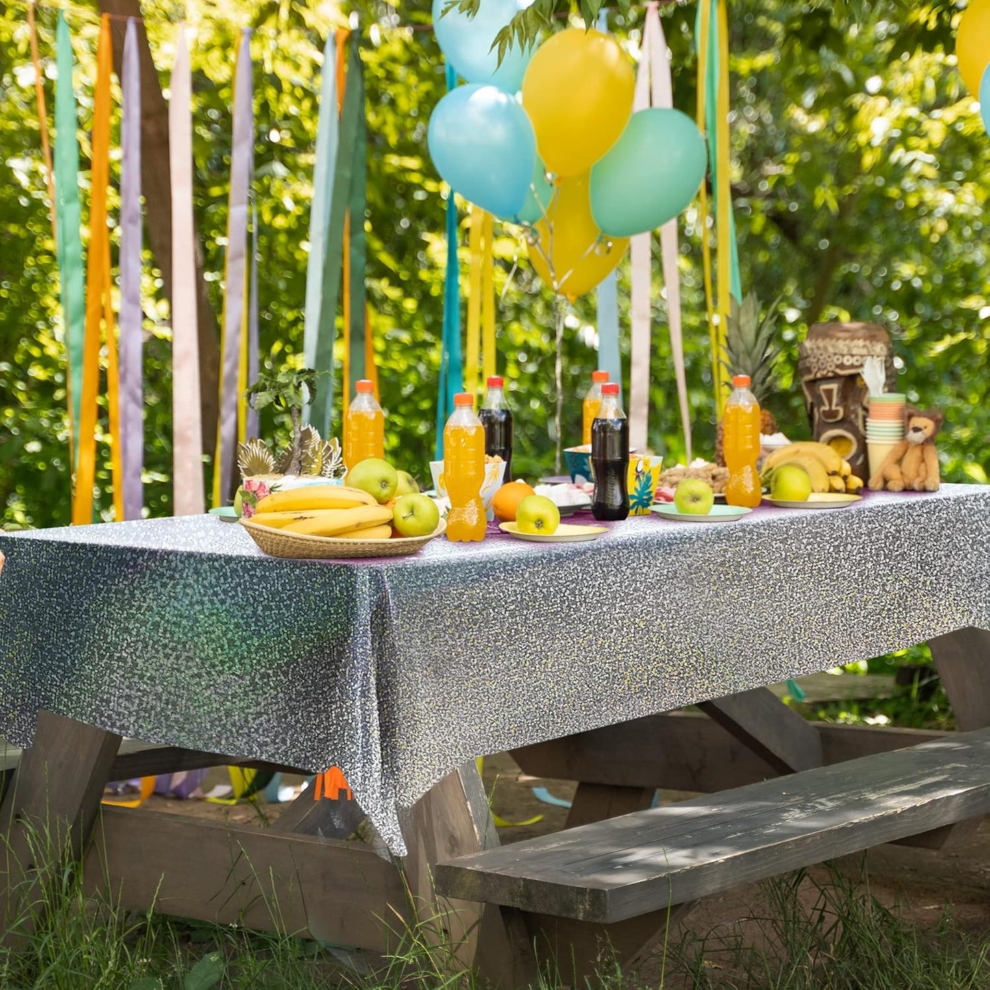 2 pcs Silver Holographic Tablecloths Shiny Disco Laser Table Cloths 40" x 108" Iridescence Plastic White Table Cover for Birthday Party Decoration Wedding Christmas Winter Grad Party Supplies
