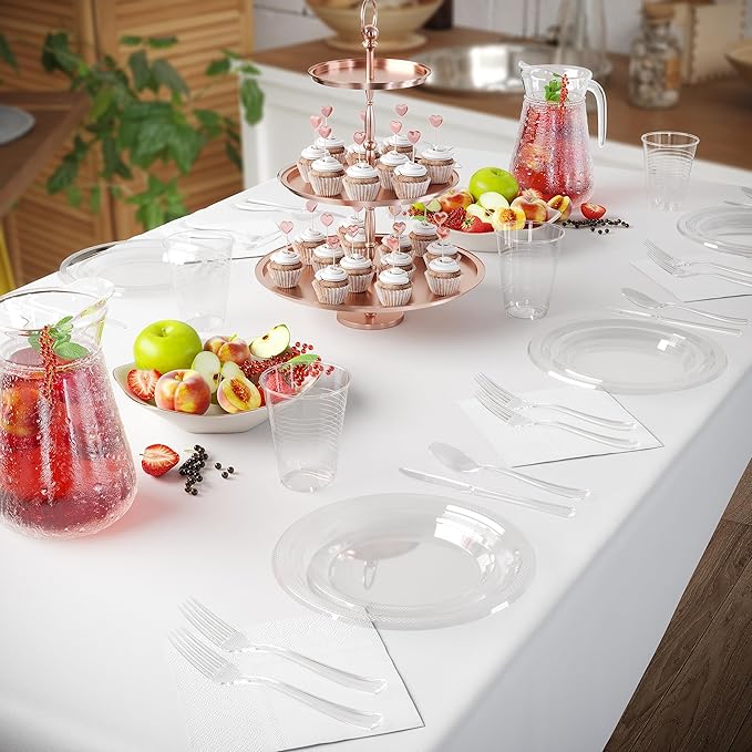 350 Pcs Clear Plastic Plates For Party, Clear Disposable Plates Set, 50 Of Each 9" Dinner Plate Set, 7" Dessert Plate, Cups, Napkins & Cutlery Plastic Dinnerware Exquisite
