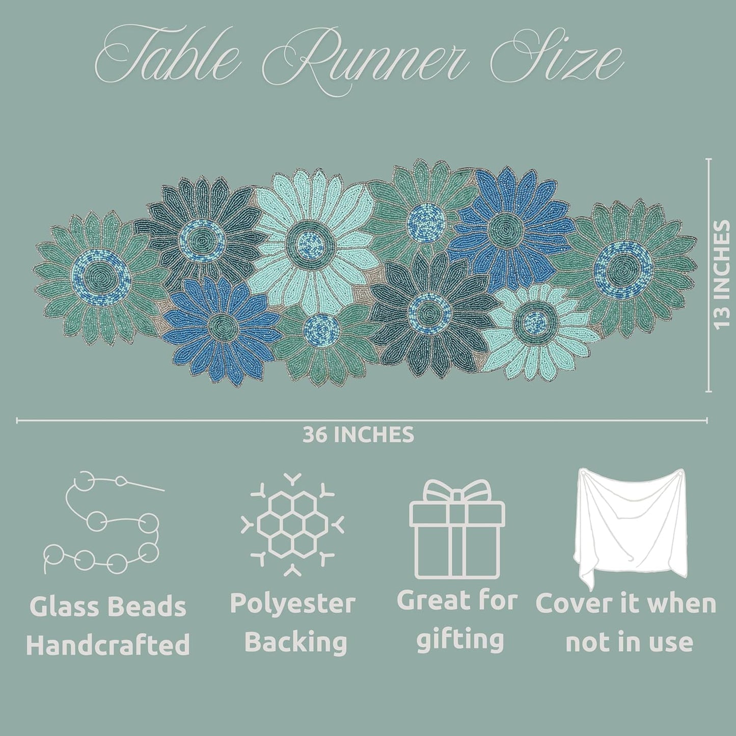 Decorative Floral Beaded Table Runner - 13x36 Inches Handmade for Christmas, Thanksgiving, Weddings & Special Occasions - Perfect for Dining Tables & Buffets (Blue) - CLEENTABLE