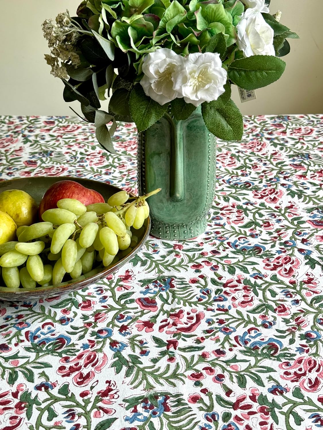 ATOSII Ambrosia 100% Cotton Rectangle Summer Tablecloth, Block Print Floral Table Cloth Linen for Kitchen Dining Parties Wedding Outdoors I Grand Millennial 60 X 90 Inches I 6 Seater I Memorial Day