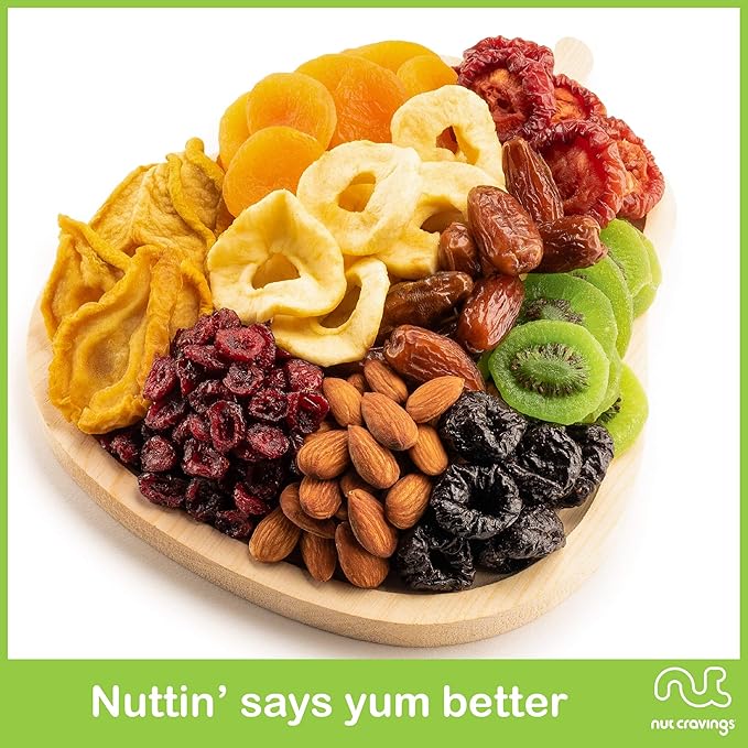 NUT CRAVINGS - Halloween Treats For Adults Dried Fruit & Mixed Nuts Gift Basket in Wooden Pear-Shaped Tray (9 Assortments) Holiday Xmas Christmas Food Arrangement, Healthy Snack Care Package,
