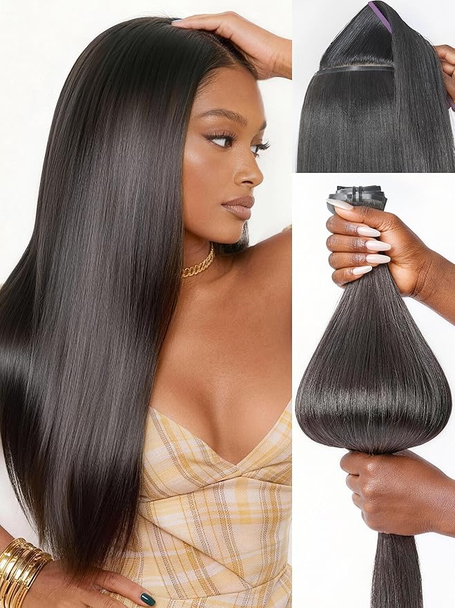 LUVME Silky Straight Seamless 150g 7Pcs Clip in Hair Extensions, Full Volume with 20 Inch Natural Black, 100% Real Soft Remy Human Hair, Adds Fuller Hair for Daily Wear & Special Occasions