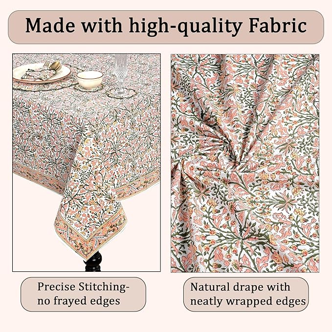 Ridhi Hand Block Print Sassy Salmon Emerald Green Rectangle Cotton Tablecloth 120" x 60" Reusable Table Cover Decorative Everyday Use for Dining, Farmhouse, Home Gift for Spring, Easter, Valentine