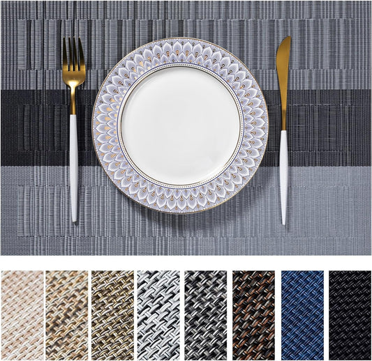 LEXMORE Placemats Vinyl/Plastic Woven Place Mats for Kitchen Table Indoor/Outdoor Washable Placemat Wipeable Dining Table Mats Set of 12 (Silver Gray Black)
